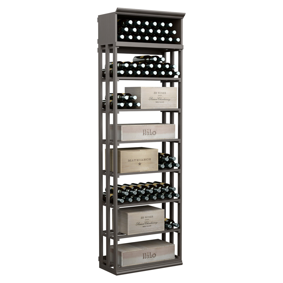 Rectangular wood wine and case bin with lattice shelves, five-tier rack for bottles and cases, dark grey