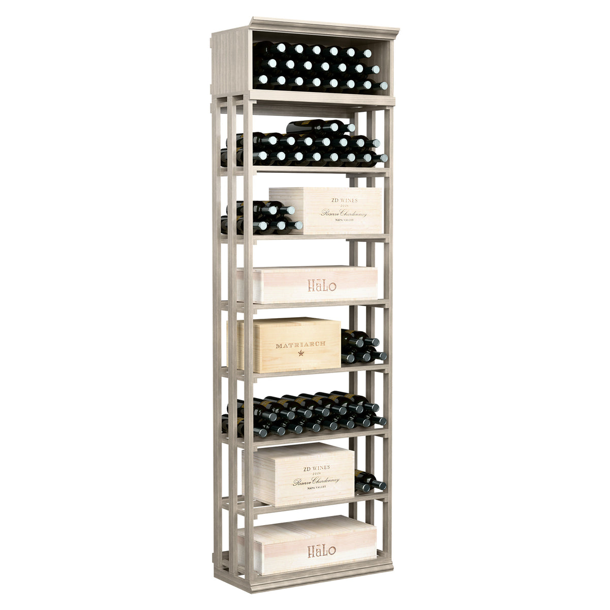 Light gray rectangular wine and case storage rack with bottle cubbies and shelves
