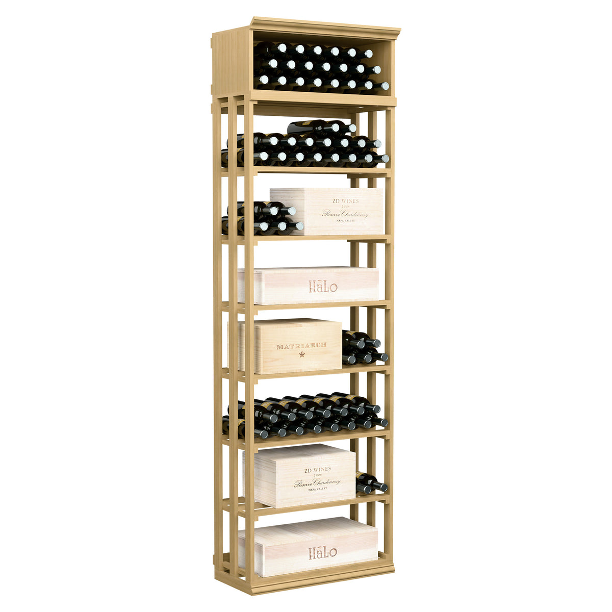 Light wood lattice wine storage bin with tiered shelves for wine bottles and cases