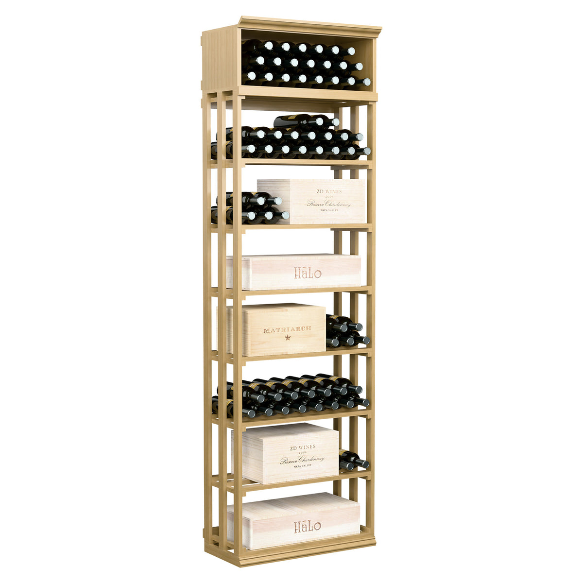 Natural wood wine and case storage rack with lattice top and multiple bottle shelves