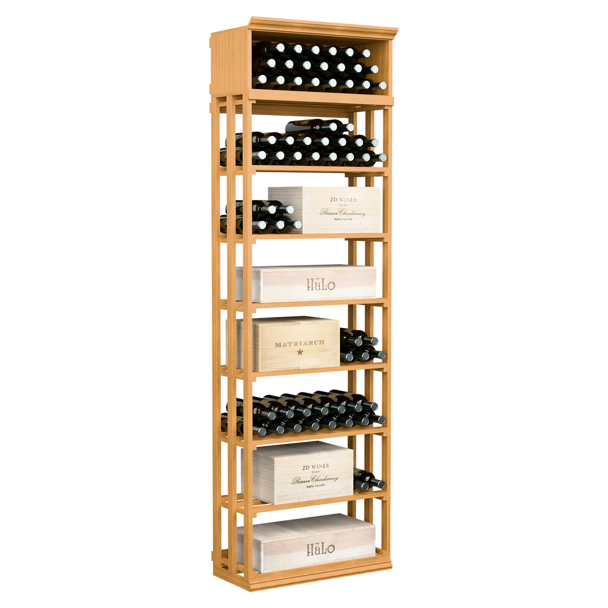 Golden wood lattice wine storage bin with bottle rows and open wine case shelves