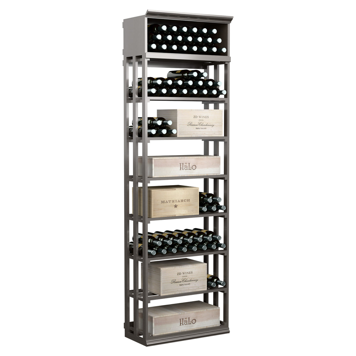 Rectangular wine rack cabinet with lattice sides, bottle slots, 5 tiers, dark finish