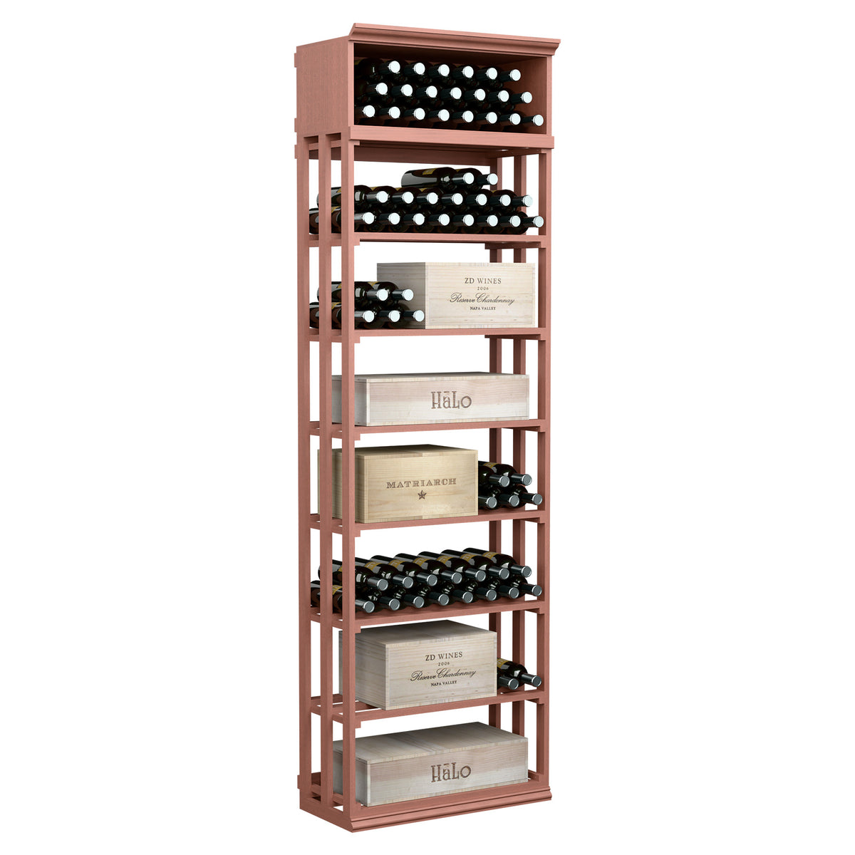 Rectangular wine rack and case bin with lattice frame, bottle slots, 5 tiers, redwood finish