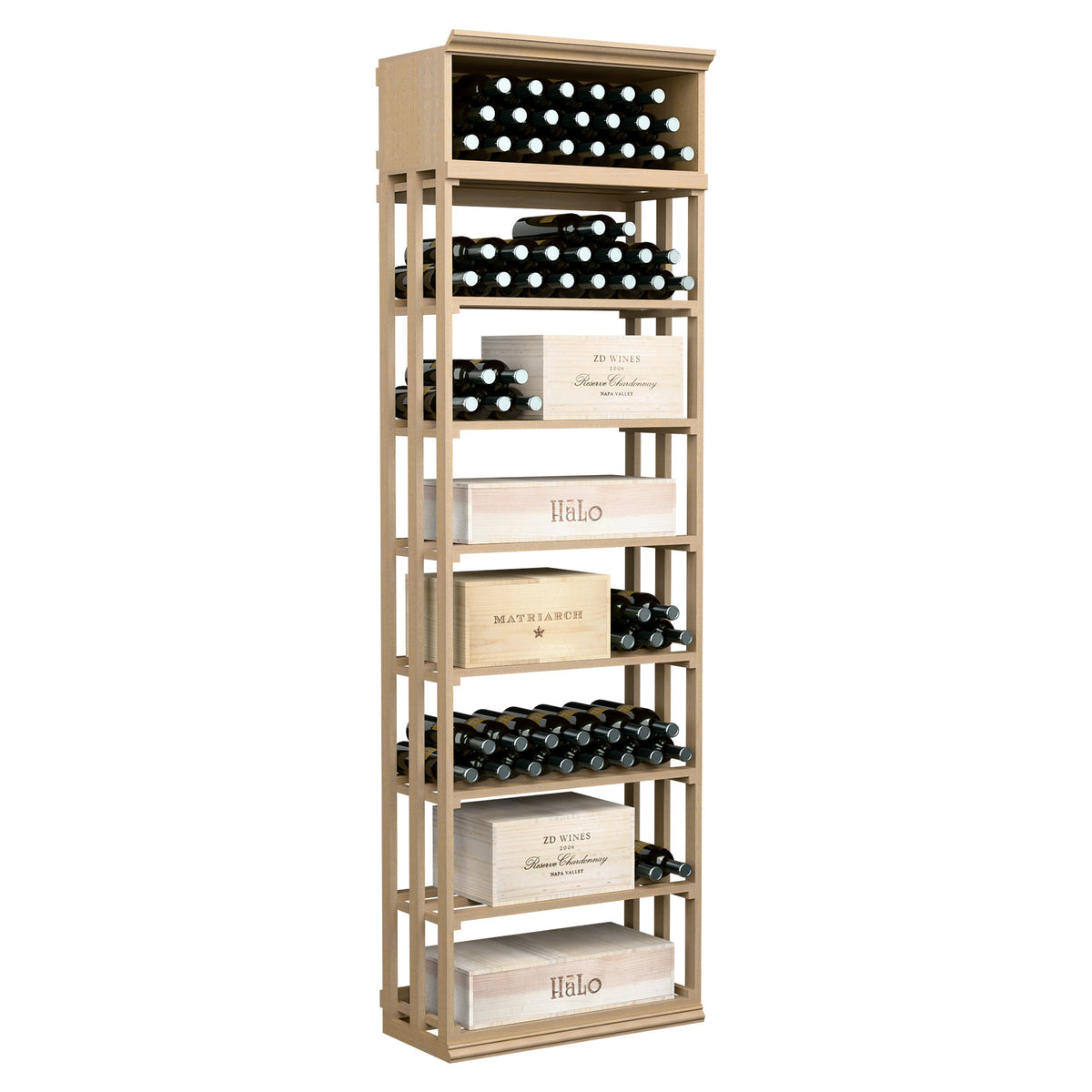 Rectangular wine rack and storage cabinet with lattice panels, bottle slots, 5 tiers, light finish