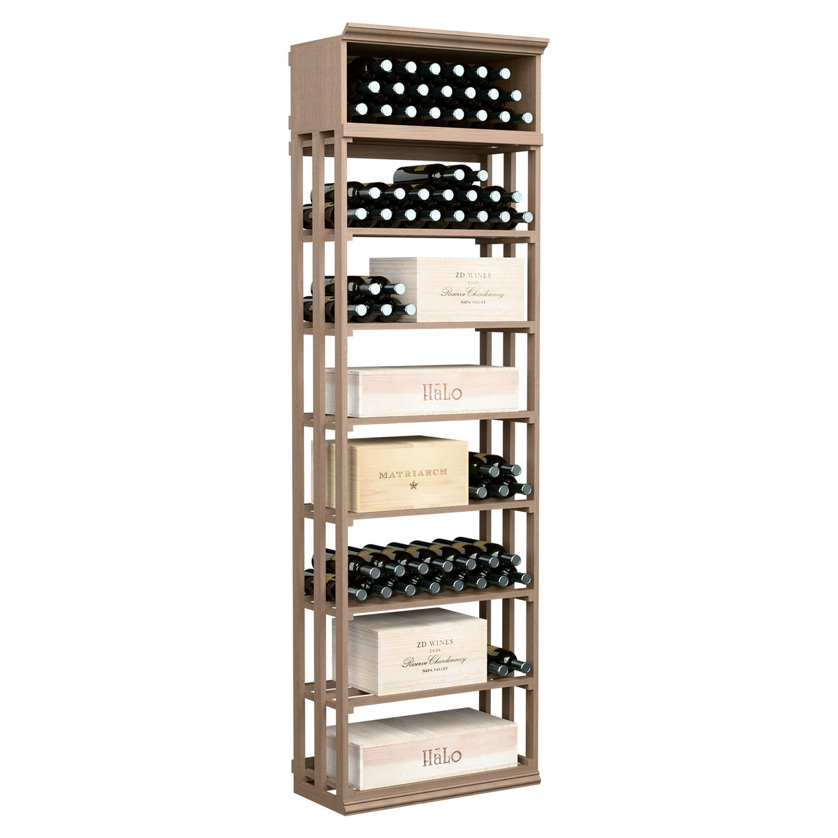 Rectangular wine rack and case bin with lattice frame, bottle slots, 5 tiers, honey finish