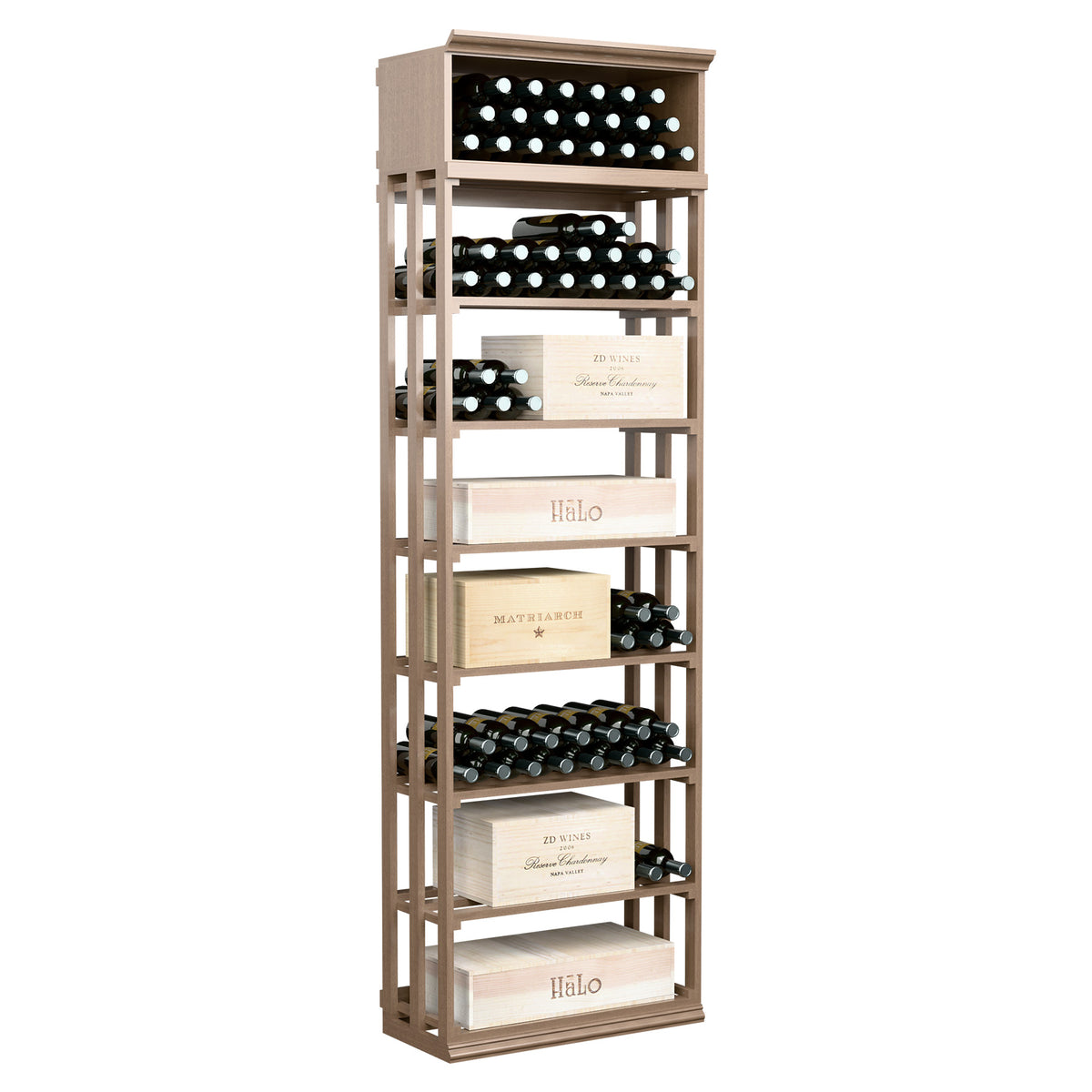 Rectangular wine rack cabinet with lattice sides, bottle slots, 5 tiers, tan wood finish