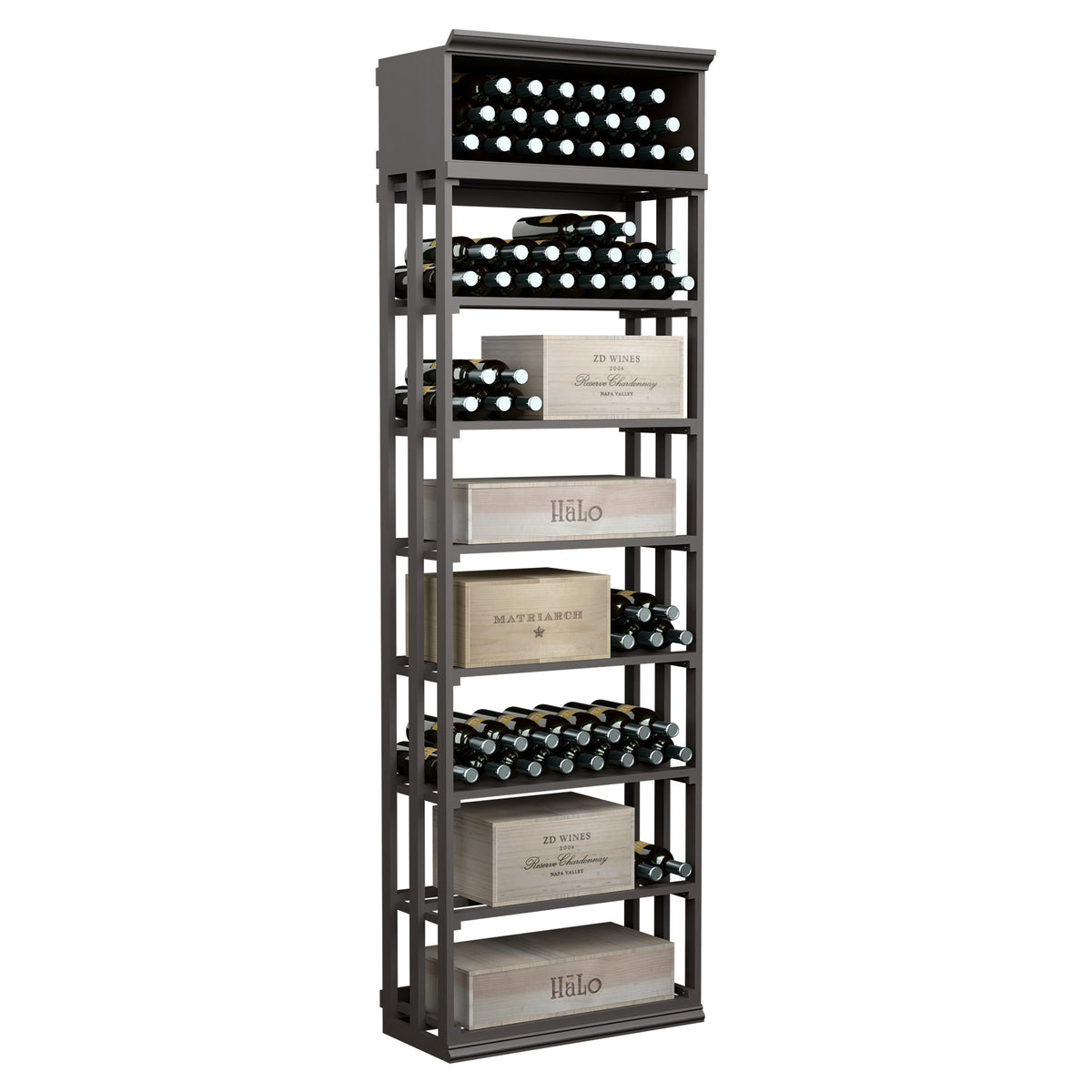 Rectangular wine rack and storage cabinet with lattice panels, bottle slots, 5 tiers, dark finish