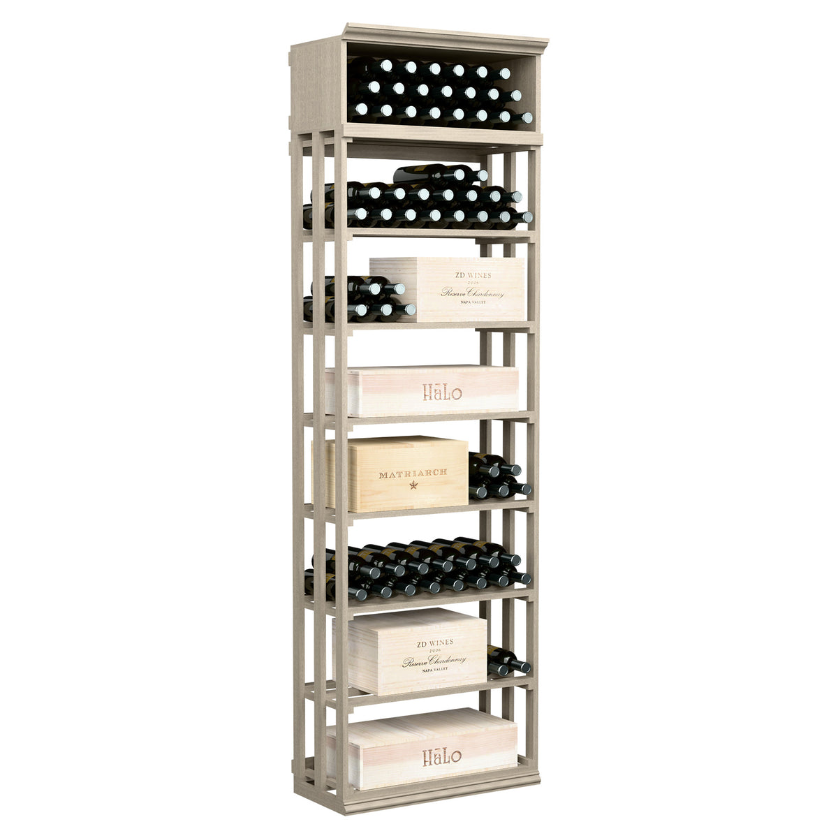 White-washed rectangular wine rack with lattice bottle holders and open storage shelves