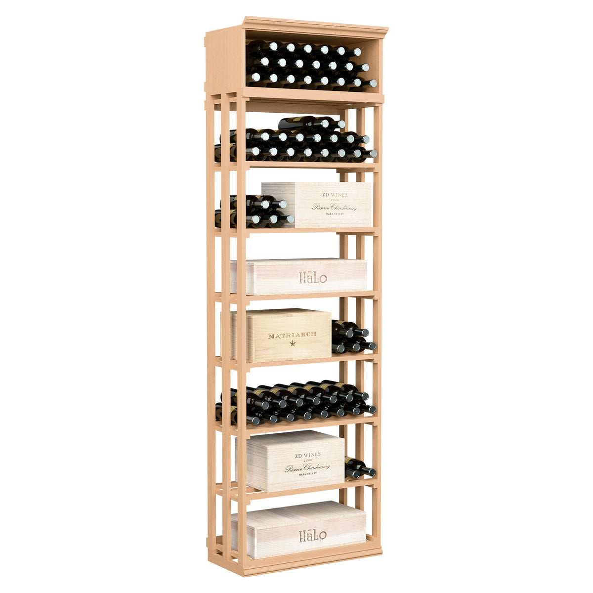 Natural wood rectangular wine rack with lattice bottle holders and multi-tier storage shelves