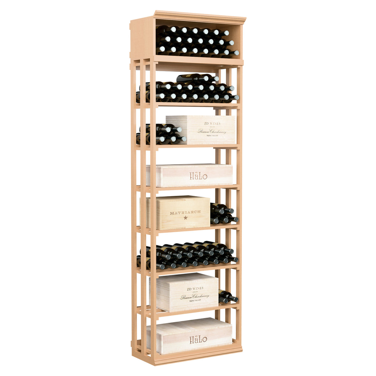 Natural wood rectangular wine rack with lattice bottle holders and open case storage shelves