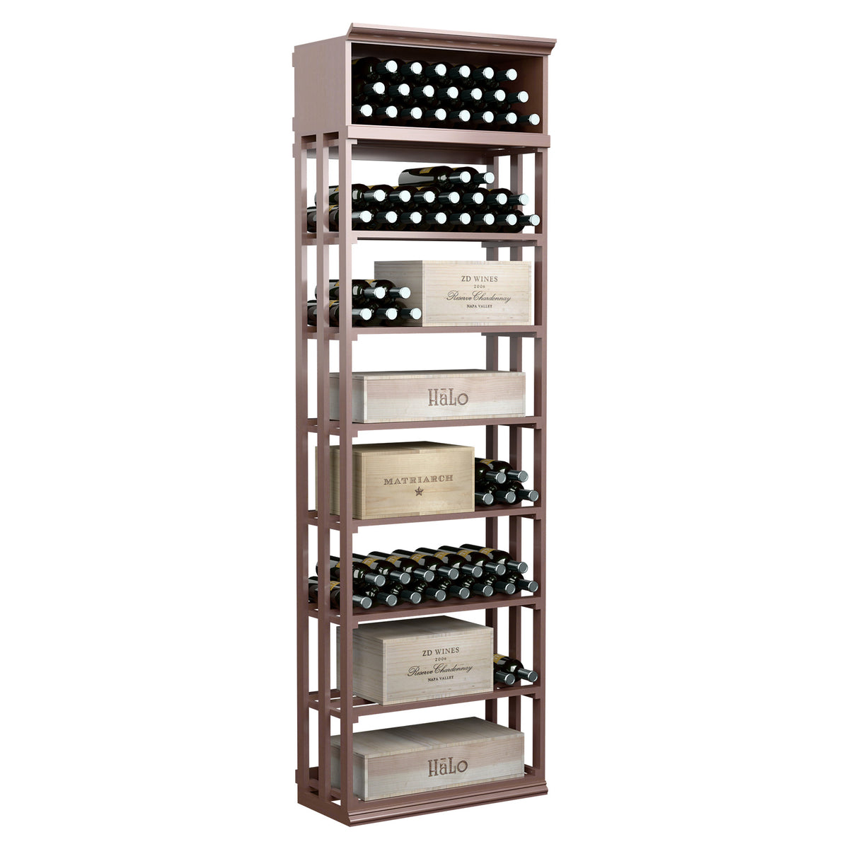 Espresso-toned rectangular wine rack with lattice bottle holders and multi-tier storage shelves