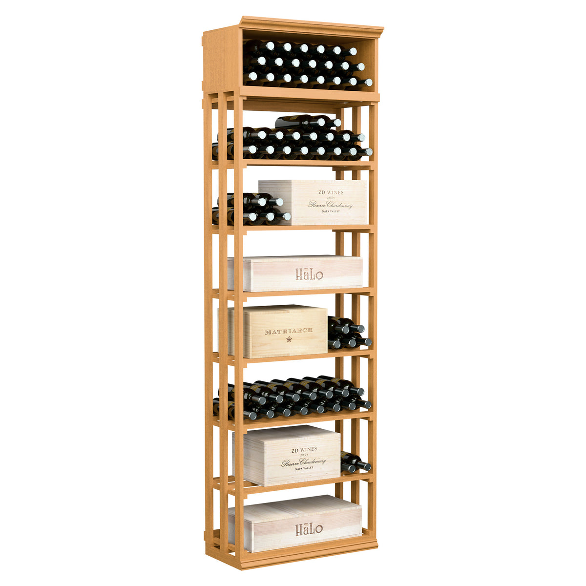 Light wood rectangular wine rack with lattice bottle holders and open storage shelves
