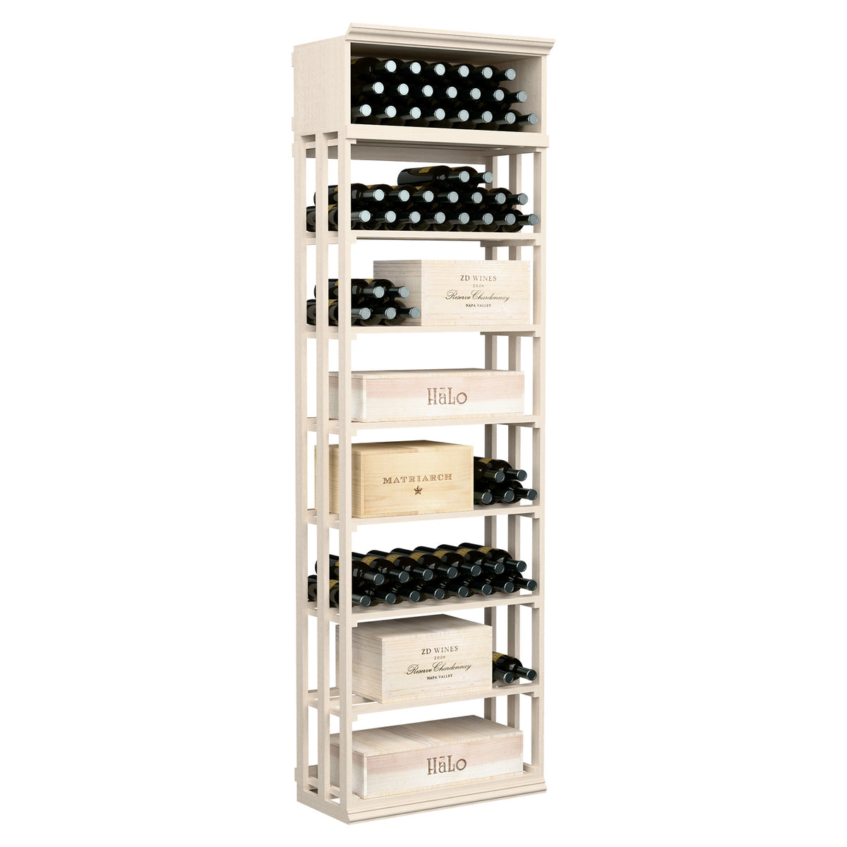White wooden rectangular wine rack with lattice bottle holders and open storage shelves