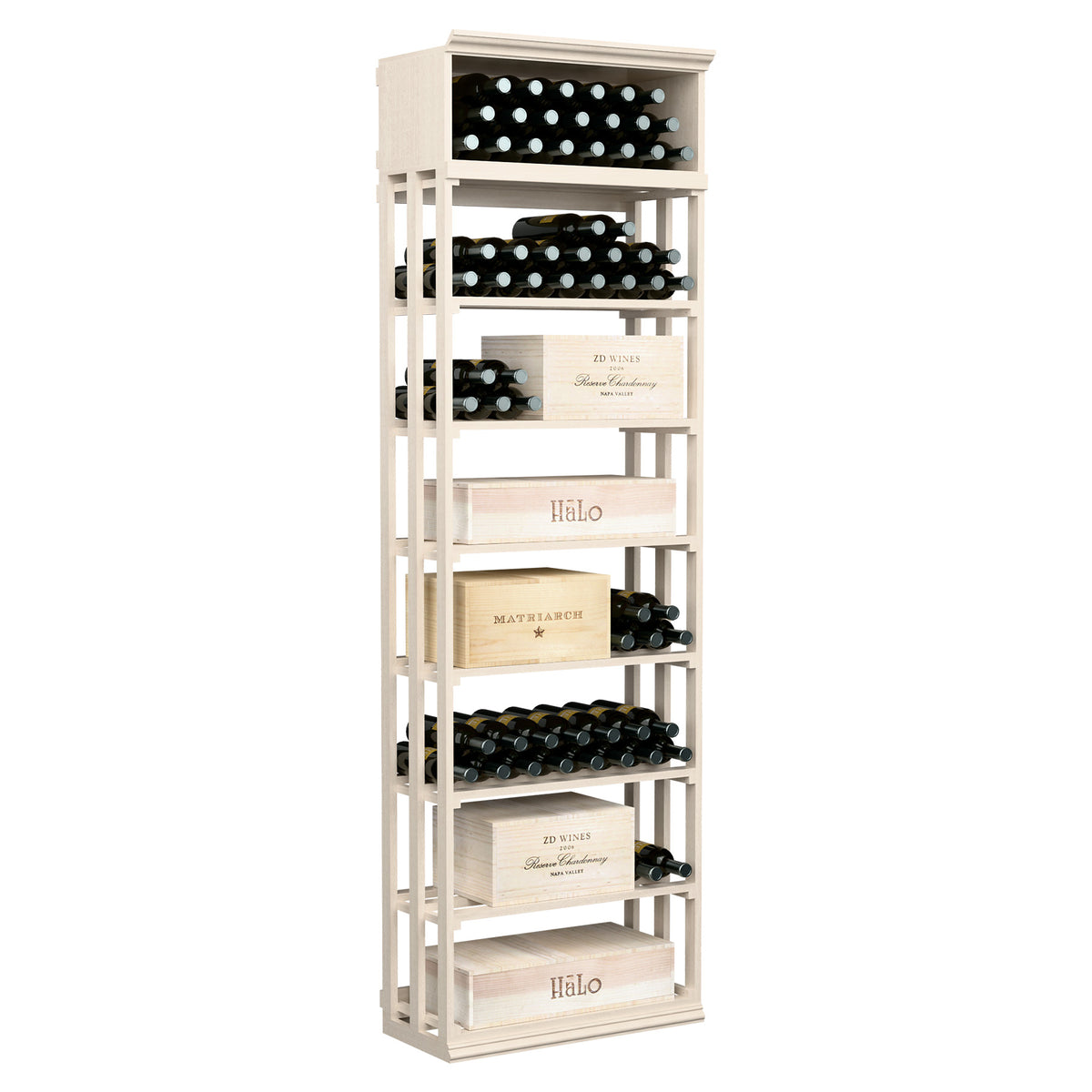 White-washed wine and case rack with lattice bottle holders and multi-tier storage shelves