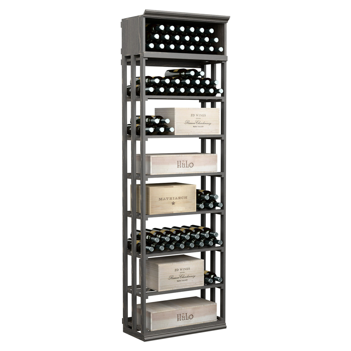 Rectangular wine bottle storage rack with lattice-style shelves, dark wood frame