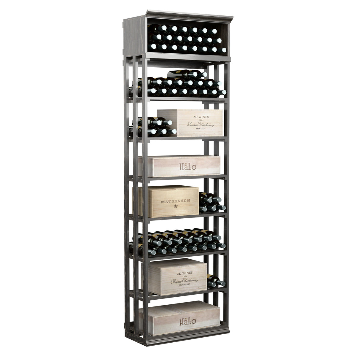 Rectangular wine bottle storage rack with lattice shelves and bottle rows, dark wood