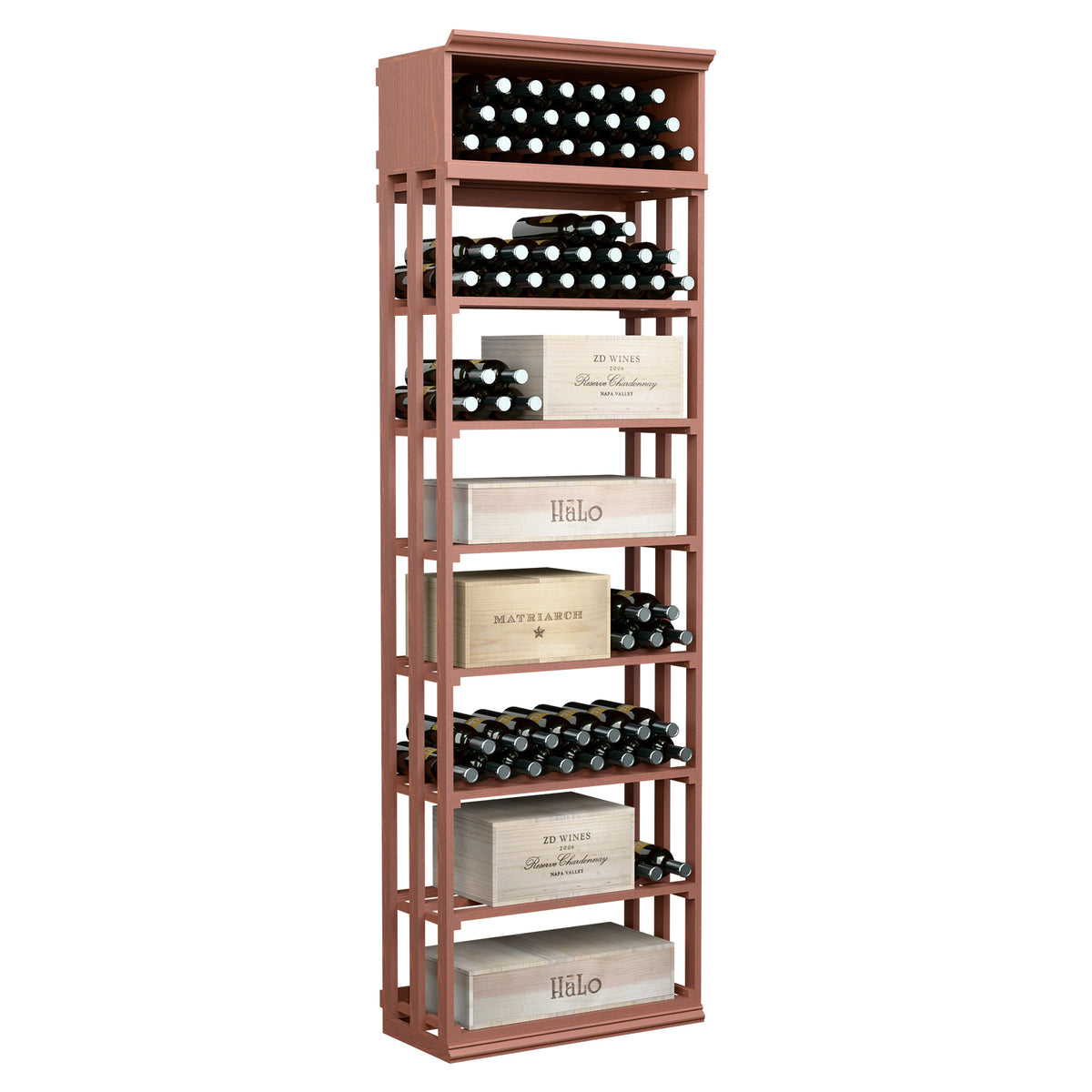 Rectangular wine bottle storage rack with lattice shelves, red-brown wood frame
