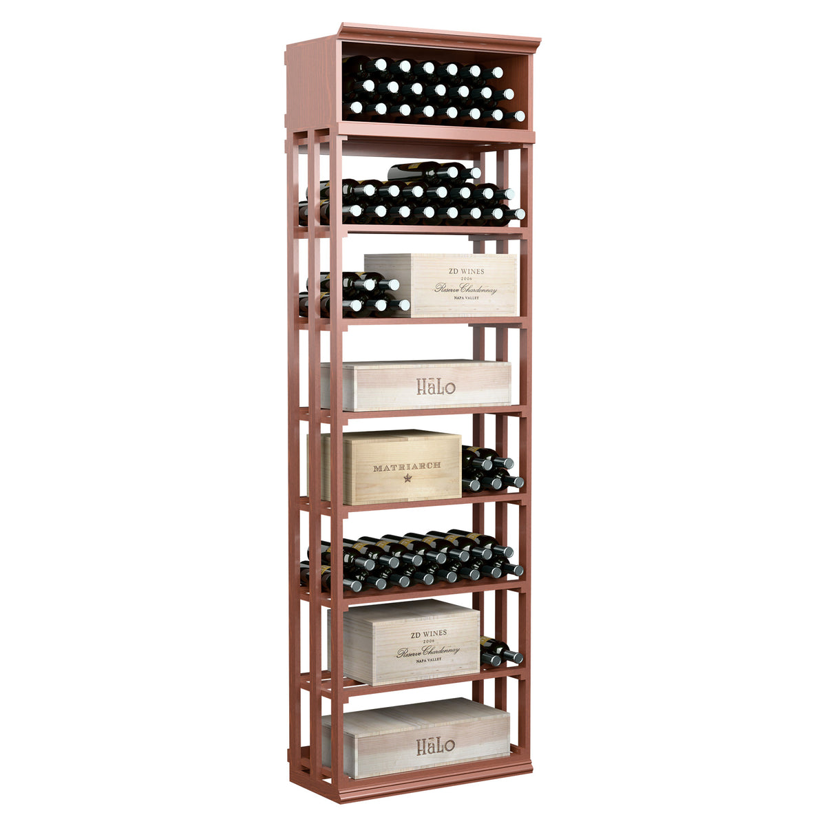 Rectangular wine bottle storage rack with lattice-style shelves, red wood frame