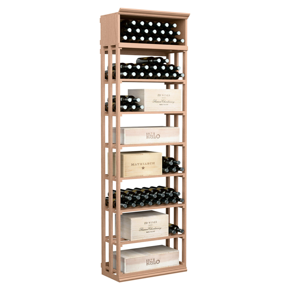 Rectangular wine bottle storage rack with lattice shelves, light wood frame