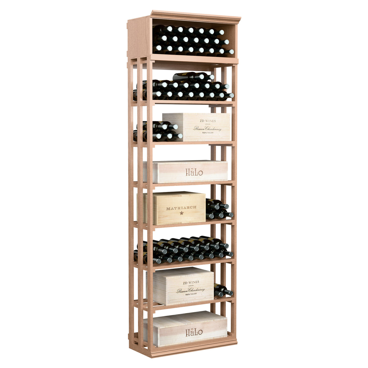 Rectangular wine bottle storage rack with lattice shelves and bottle slots, light wood