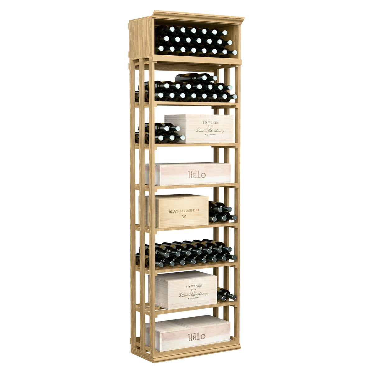 Rectangular wine bottle storage rack with lattice shelves, pale wood frame