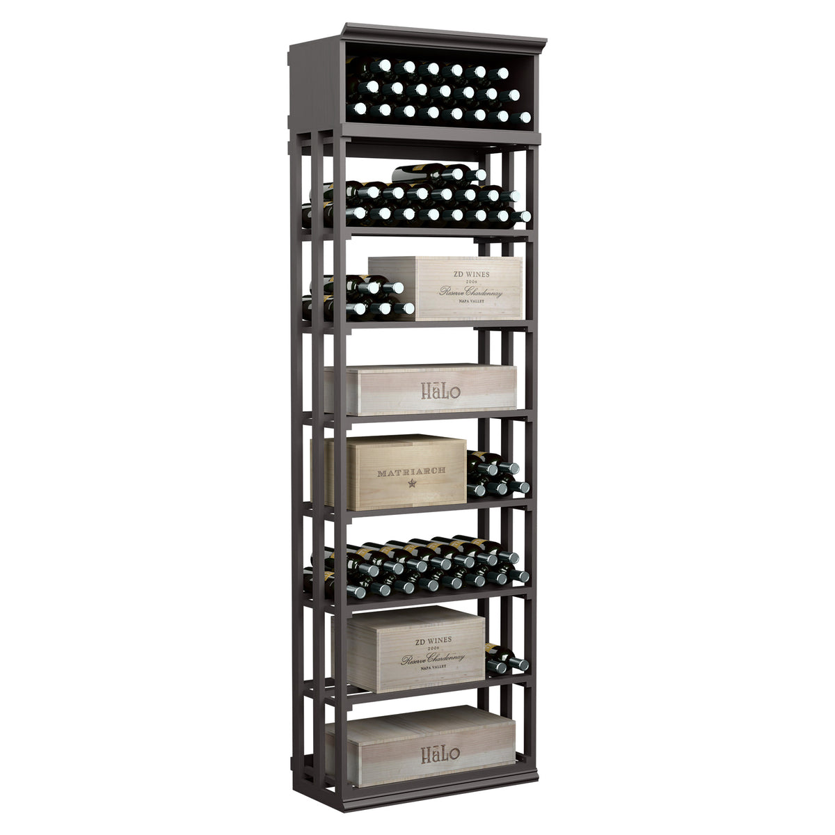 Rectangular wine bottle storage rack with lattice-style shelves, dark wood frame