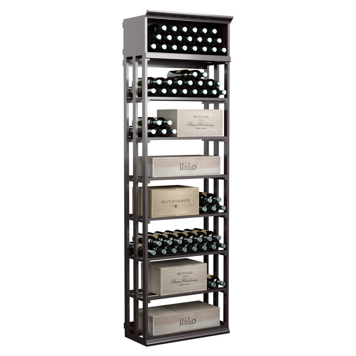 Rectangular wine bottle storage rack with lattice shelves and bottle slots, dark wood