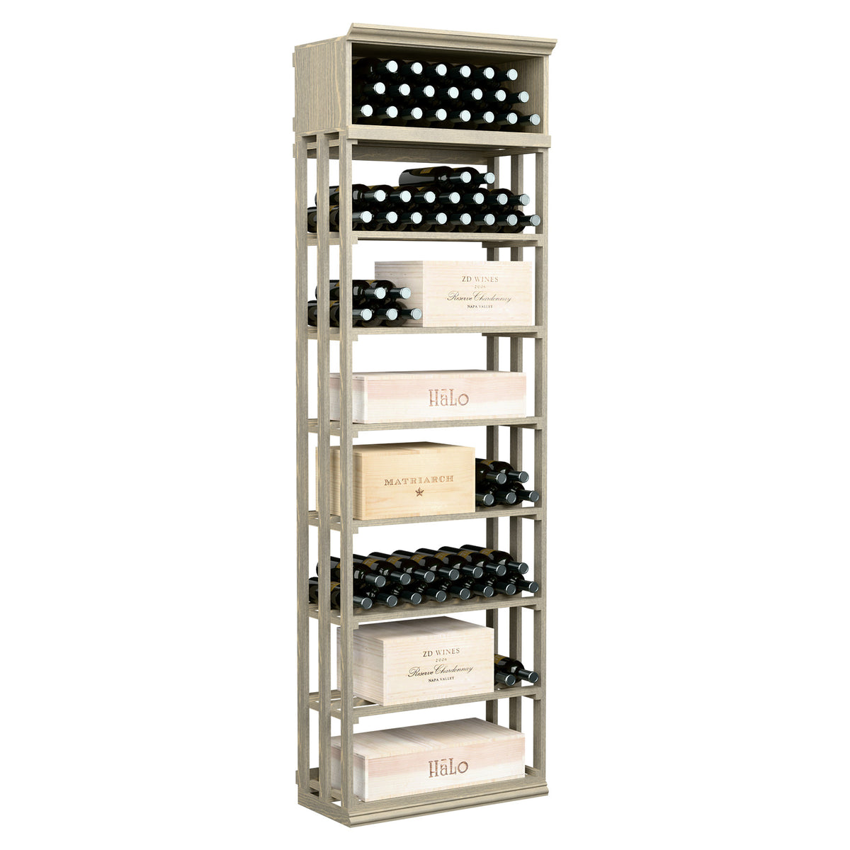 Light wood wine and case storage bin with lattice top, bottle holders, and open shelves