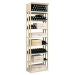 Light wood wine and case bin with 5-tier bottle rack and open case compartments