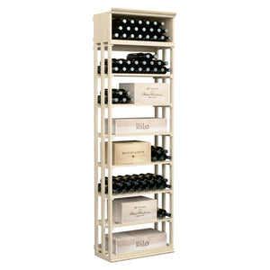 Light wood wine and case bin with 5-tier bottle rack and open case compartments