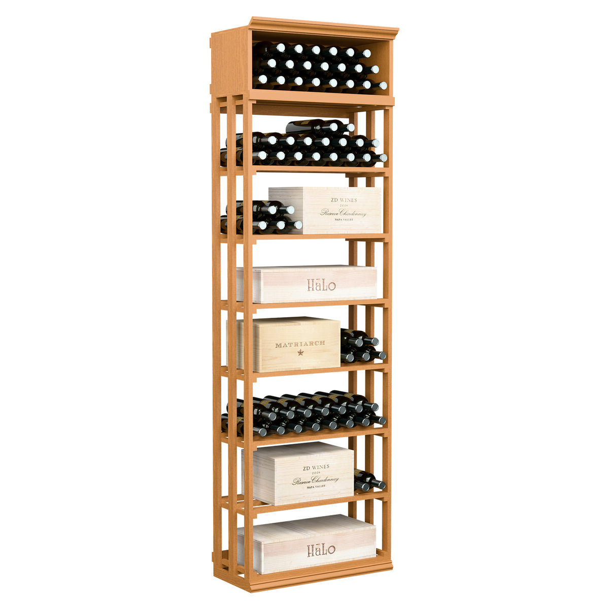 Natural wood wine and case storage bin with lattice top rack and tiered bottle holders