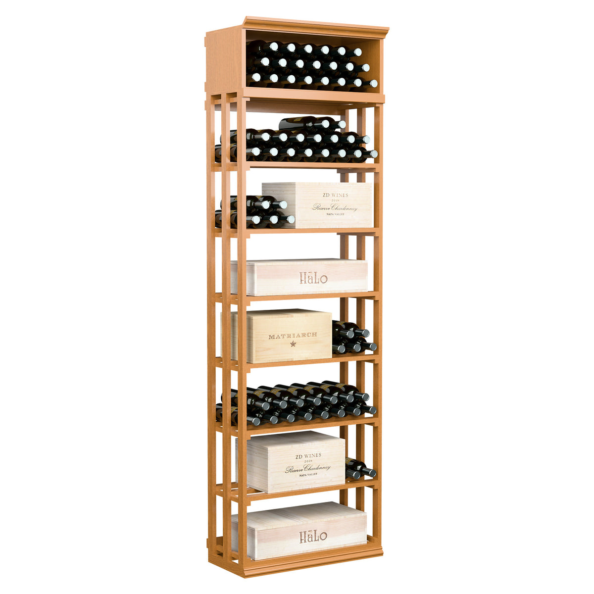 Golden wood wine and case bin with lattice top, open case shelves, and bottle rows