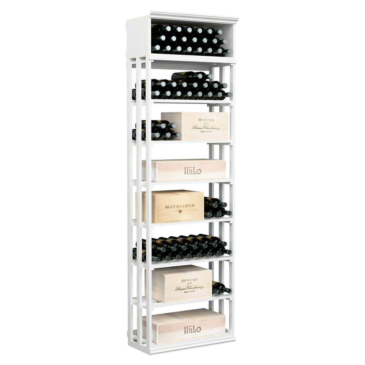White wood wine and case storage bin with lattice top and stacked bottle display shelves