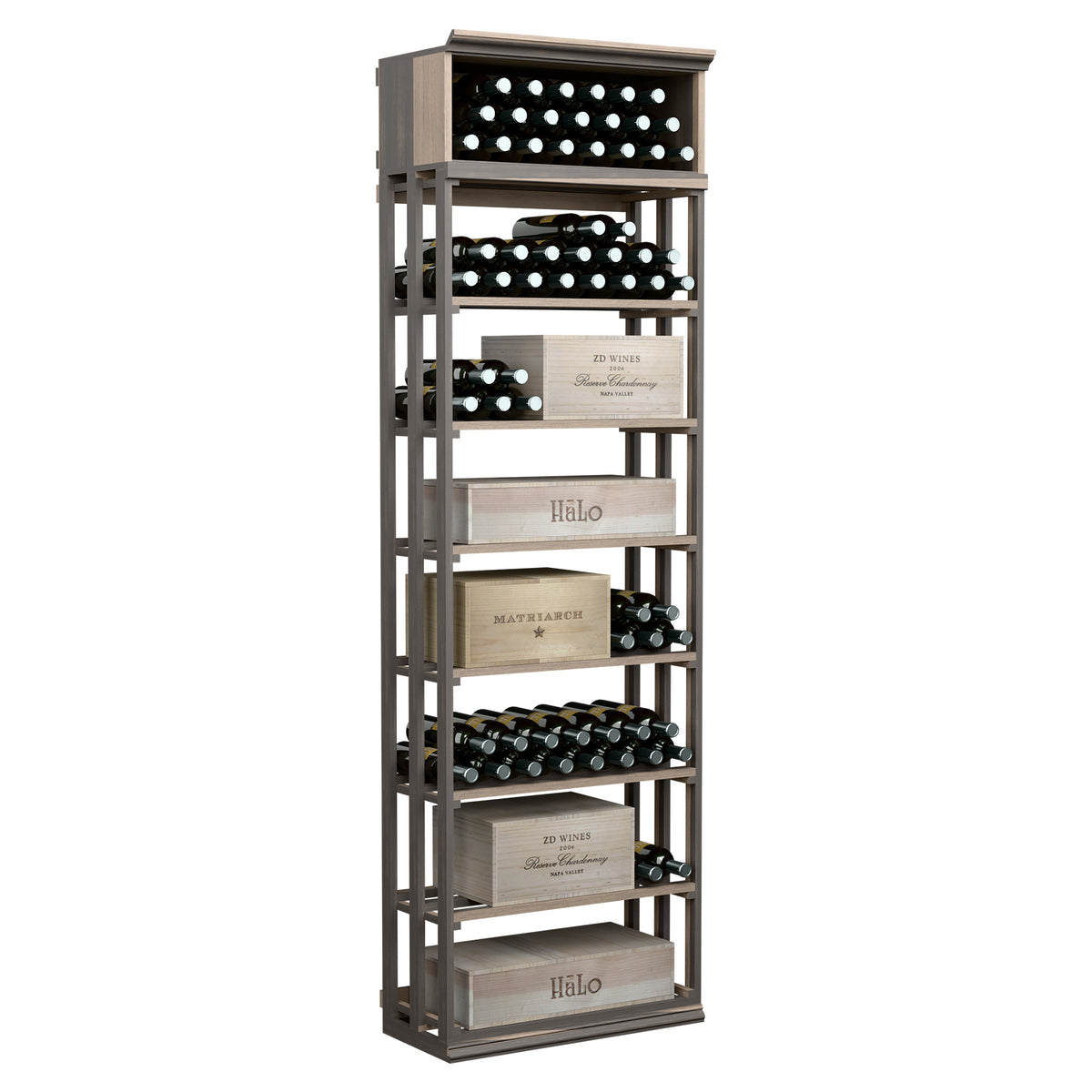 Rectangular wine storage rack with lattice frame, holds bottles and boxes, gray finish
