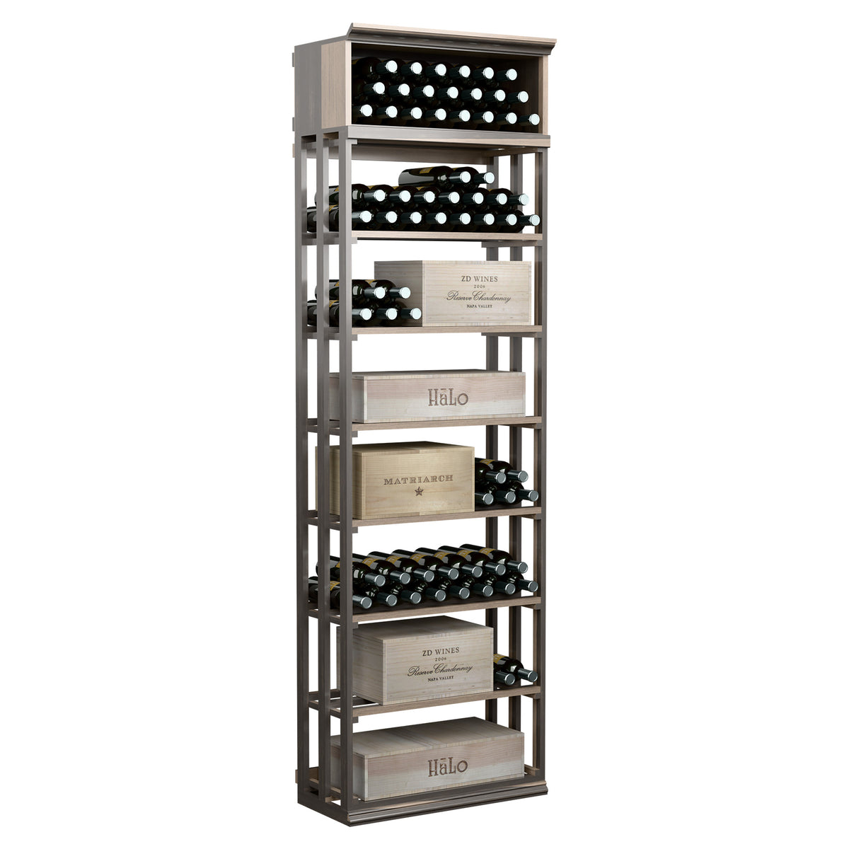 Rectangular wine storage rack with lattice frame, holds bottles and boxes, gray finish