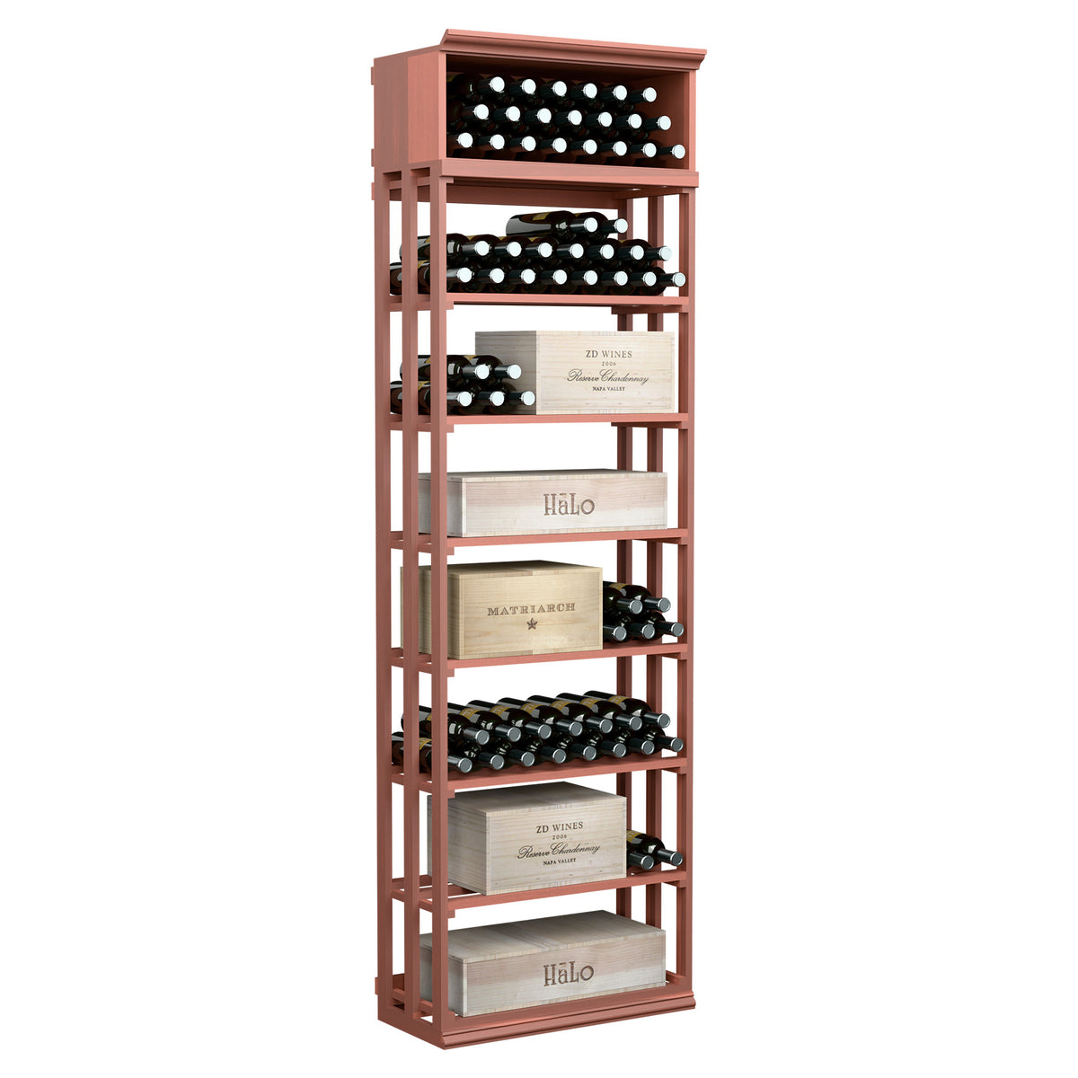 Rectangular wine storage rack with lattice frame, holds bottles and boxes, red-brown finish