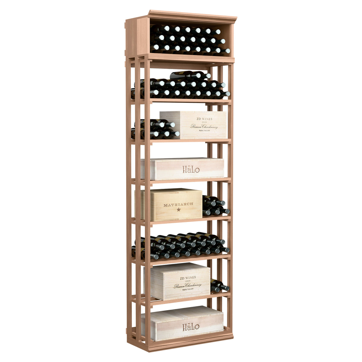 Rectangular wine storage rack with lattice frame, holds bottles and boxes, light wood finish