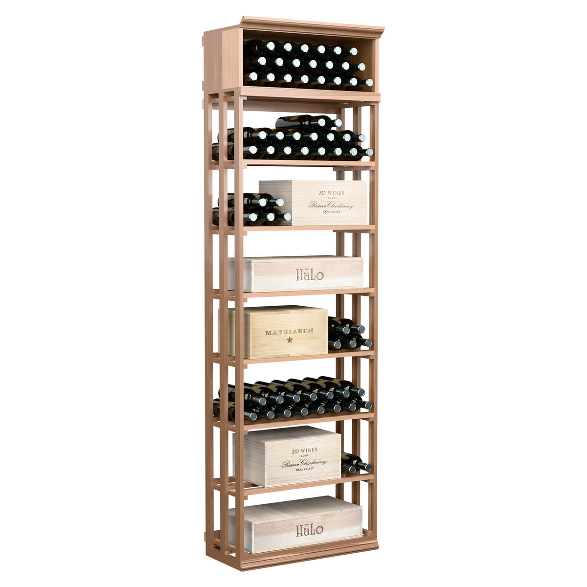 Rectangular wine storage rack with lattice frame, holds bottles and boxes, light wood finish