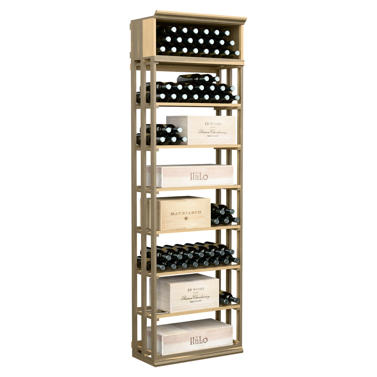 Rectangular wine storage rack with lattice frame, holds bottles and boxes, tan wood finish