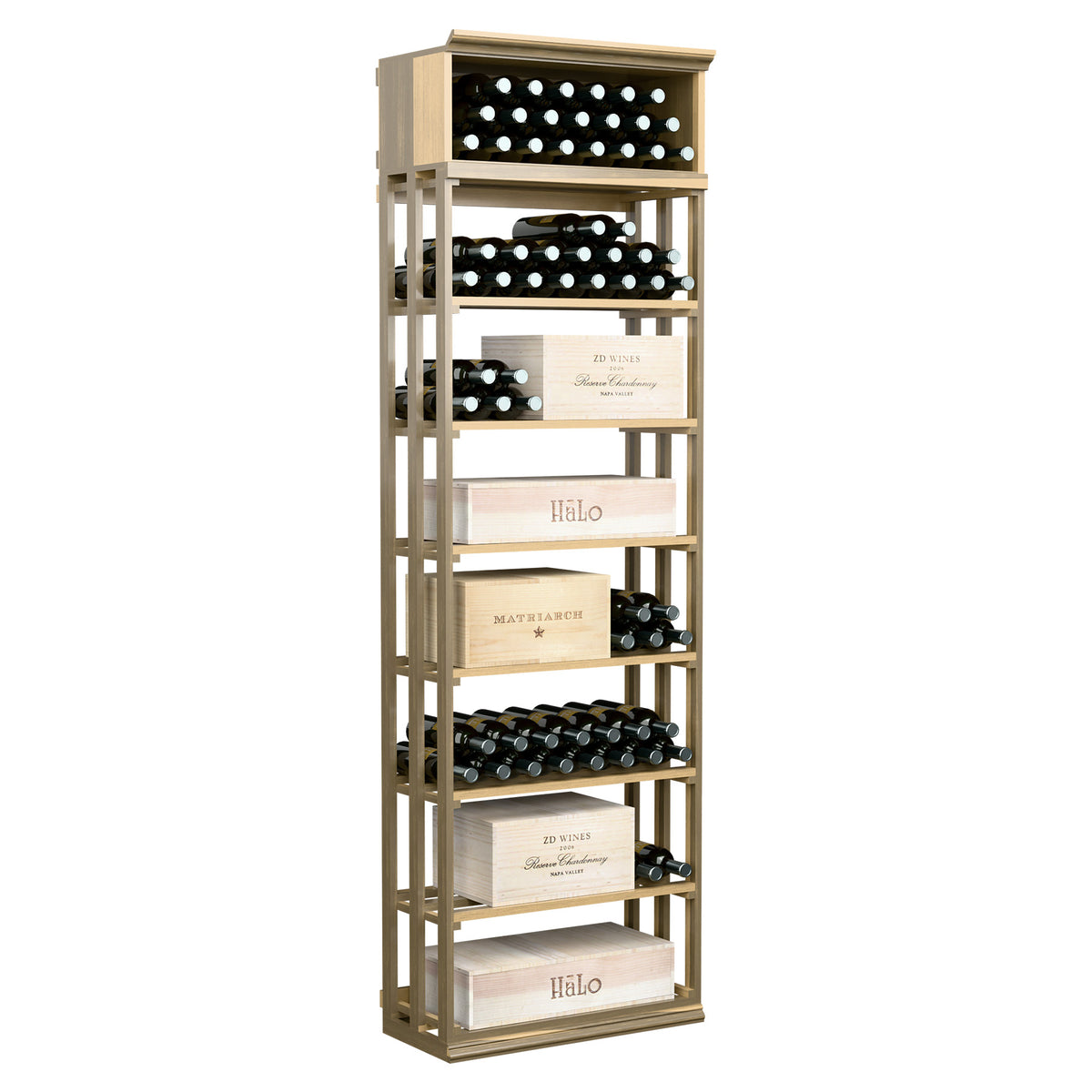Rectangular wine storage rack with lattice frame, holds bottles and boxes, tan wood finish