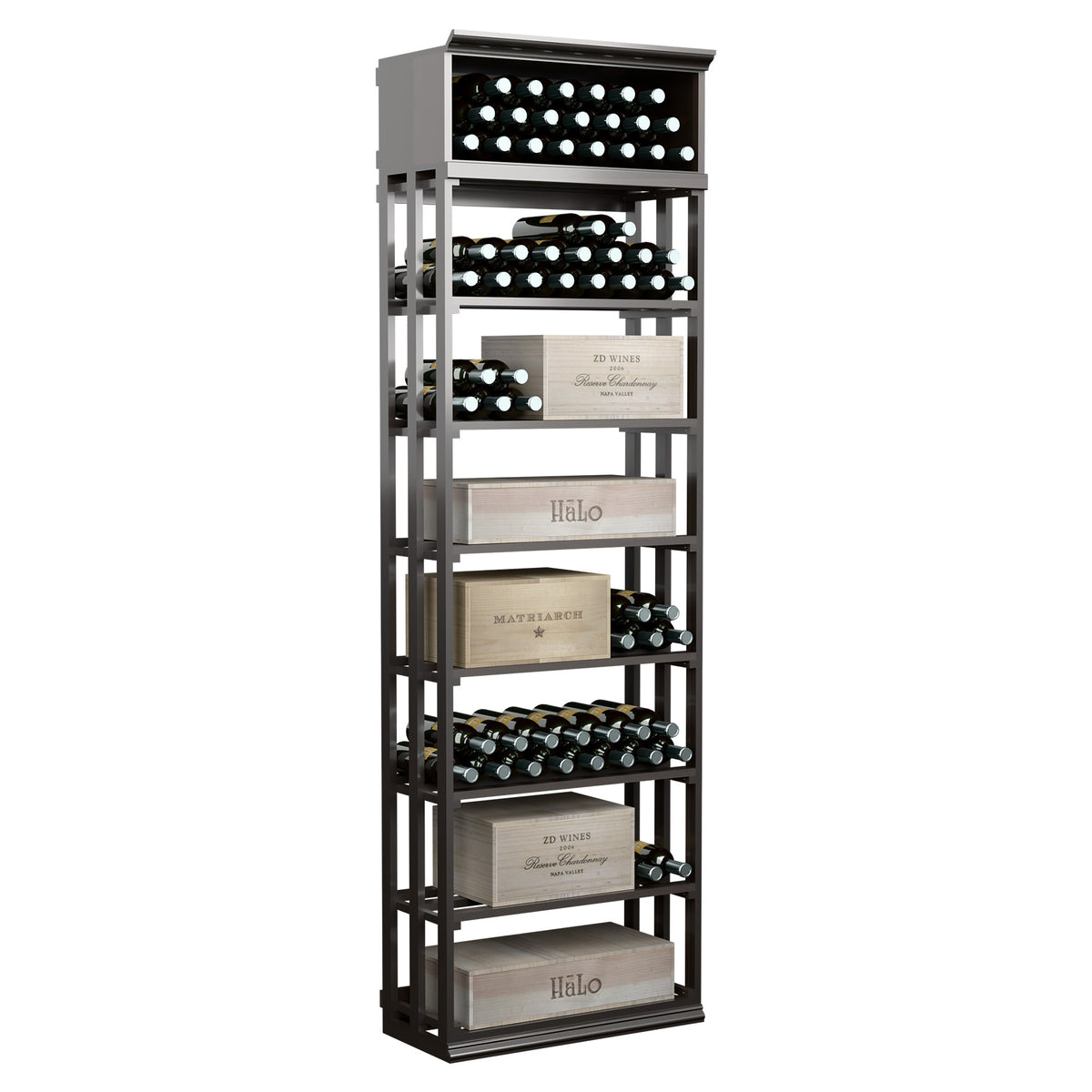 Rectangular wine storage rack with lattice frame, holds bottles and boxes, dark finish