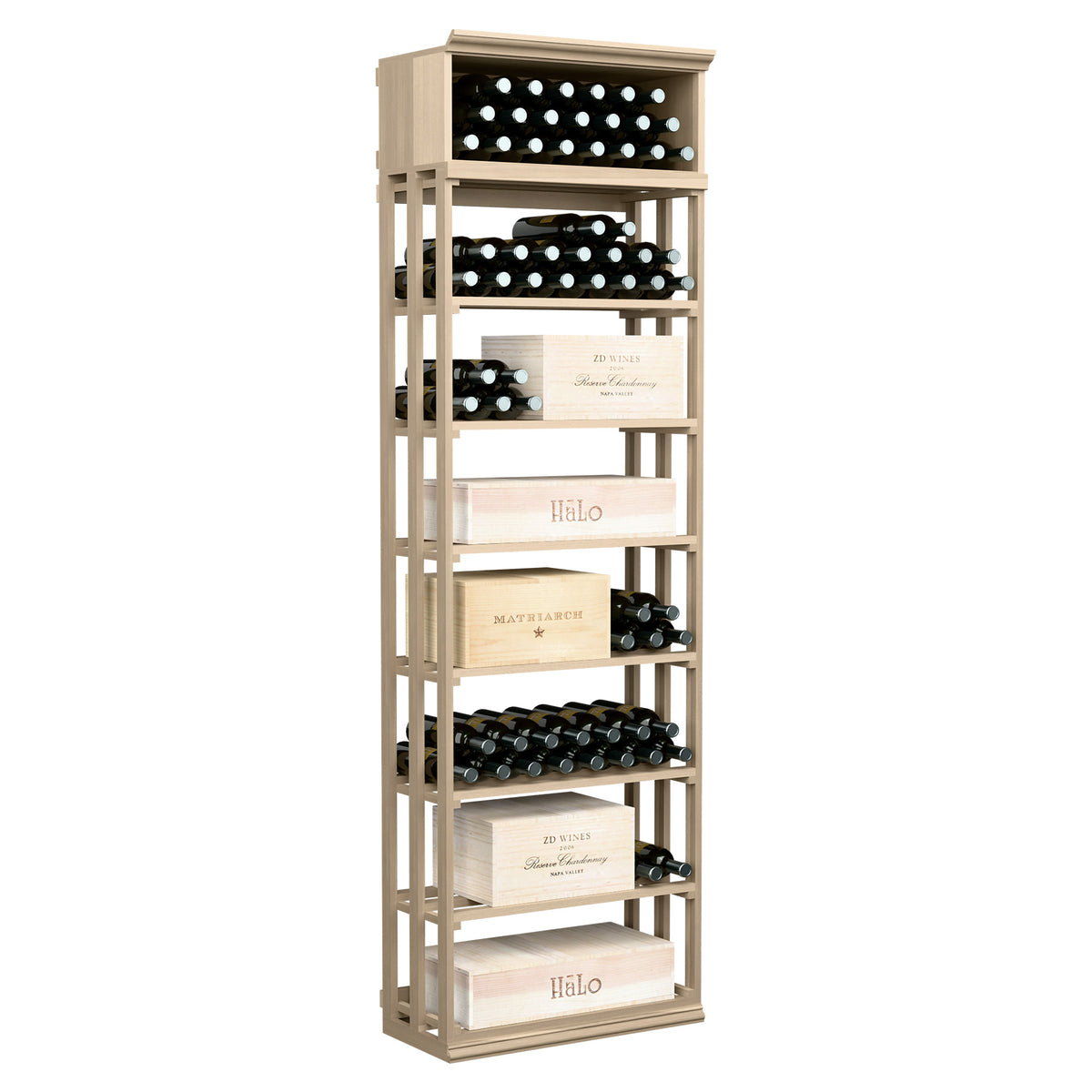Rectangular wine and case bin, light wood rack with lattice shelves for bottles