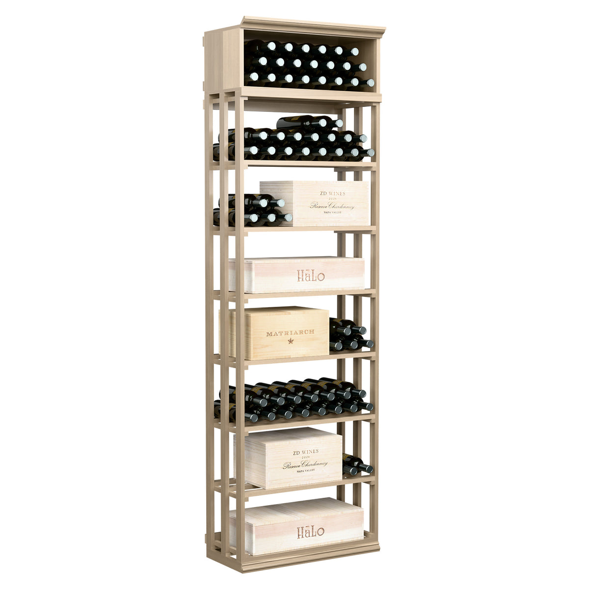 Rectangular wine and case bin, light wood wine storage with open lattice bottle shelves