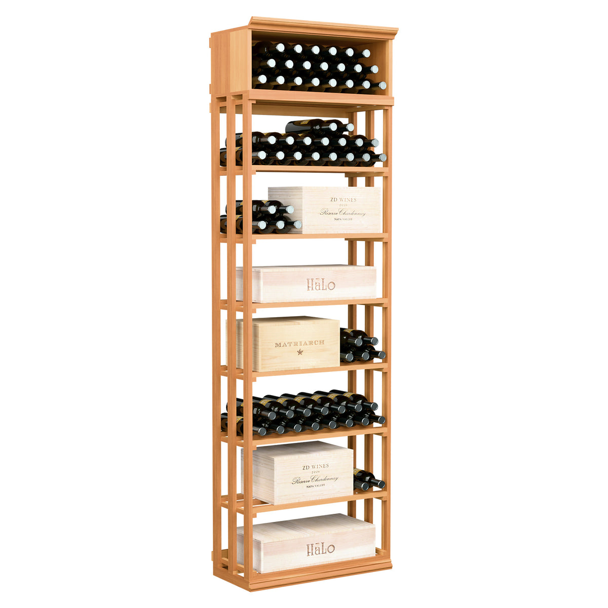 Rectangular wine and case bin, warm reddish wood rack with lattice bottle shelves