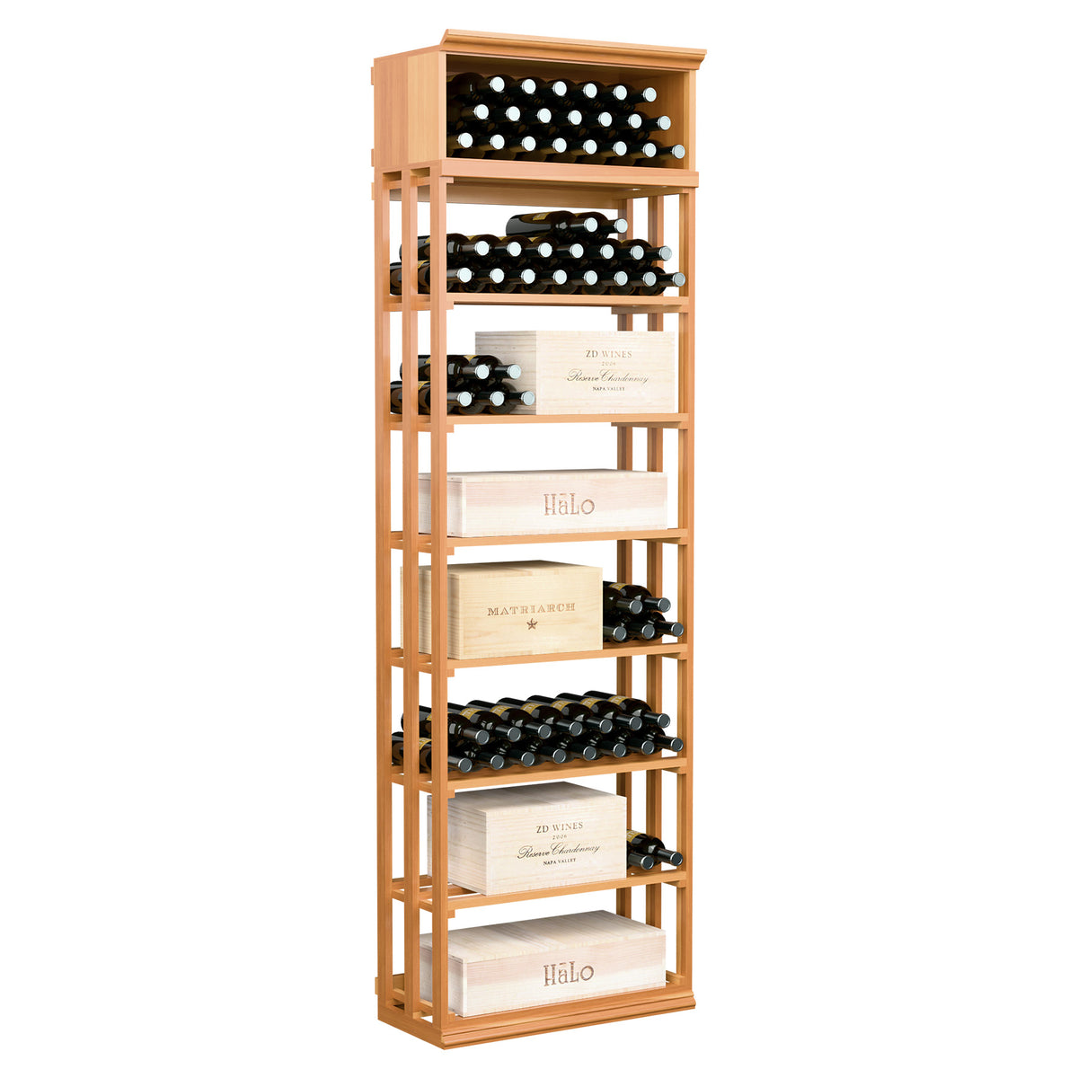 Rectangular wine and case bin, reddish wood wine storage with open lattice panels