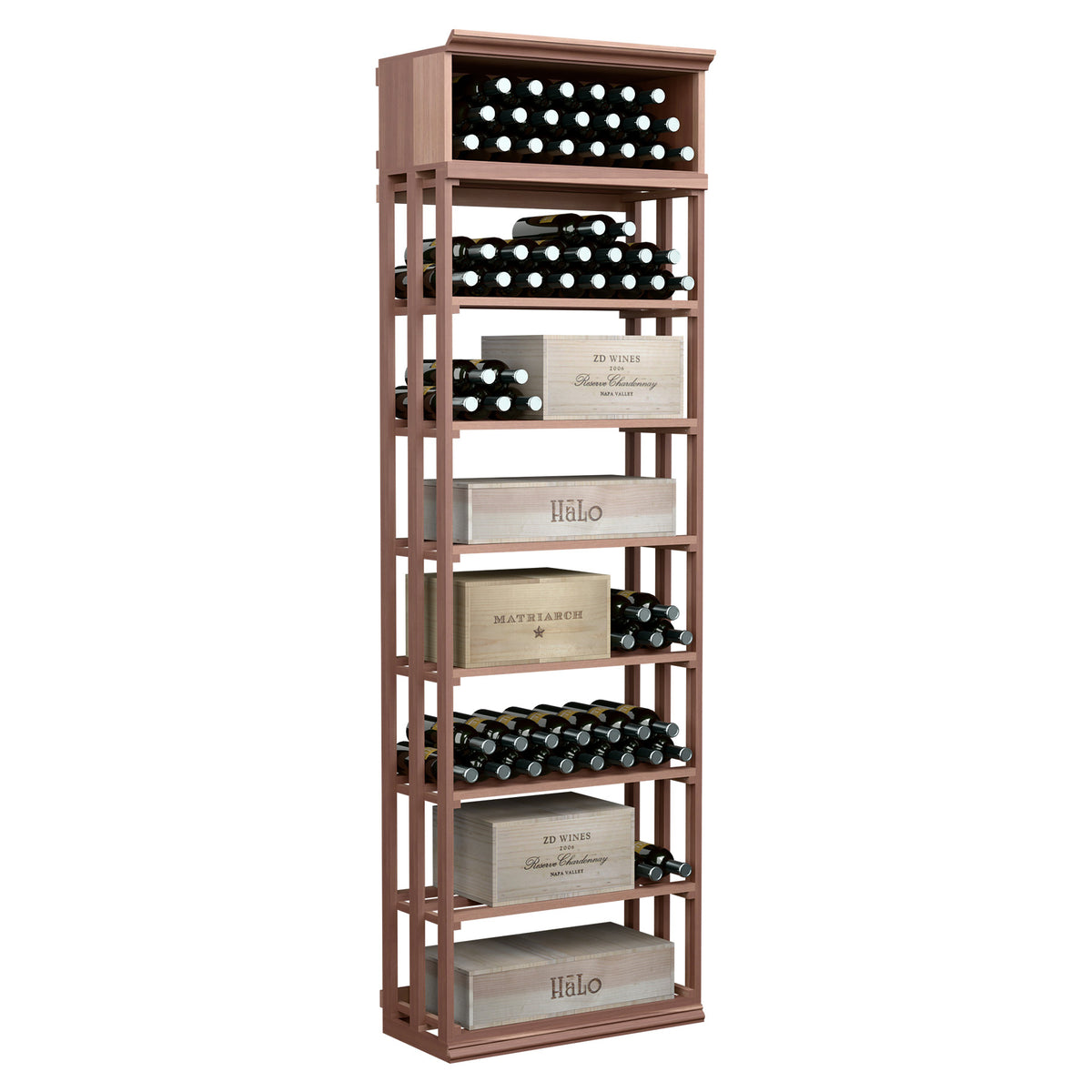 Rectangular wine and case bin, dark walnut wood rack with lattice bottle shelves