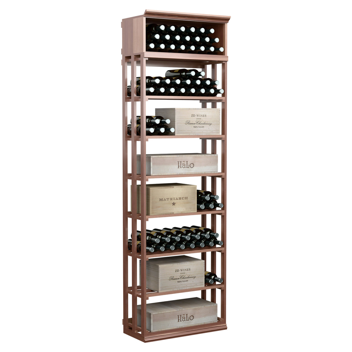 Rectangular wine and case bin, rich espresso-brown wood rack with stacked bottle cubbies