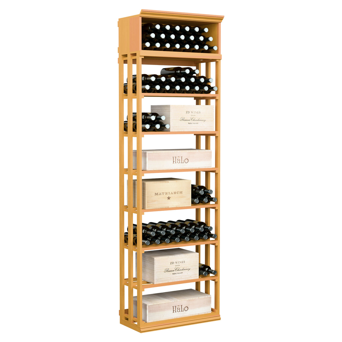 Rectangular wine and case bin, golden wheat wood rack with lattice shelves for wine bottles