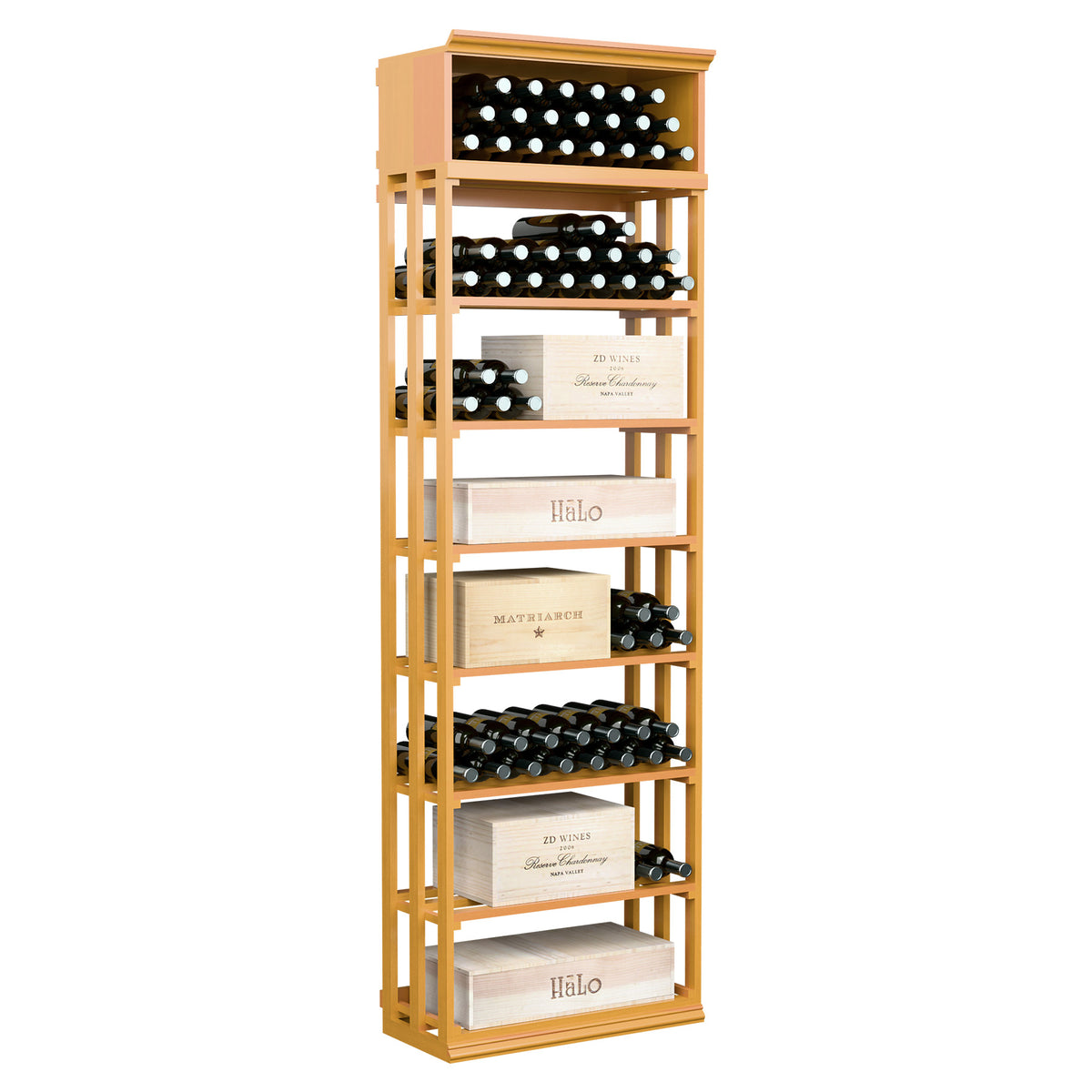 Rectangular wine and case bin, light honey wood wine storage with open lattice bottle rack