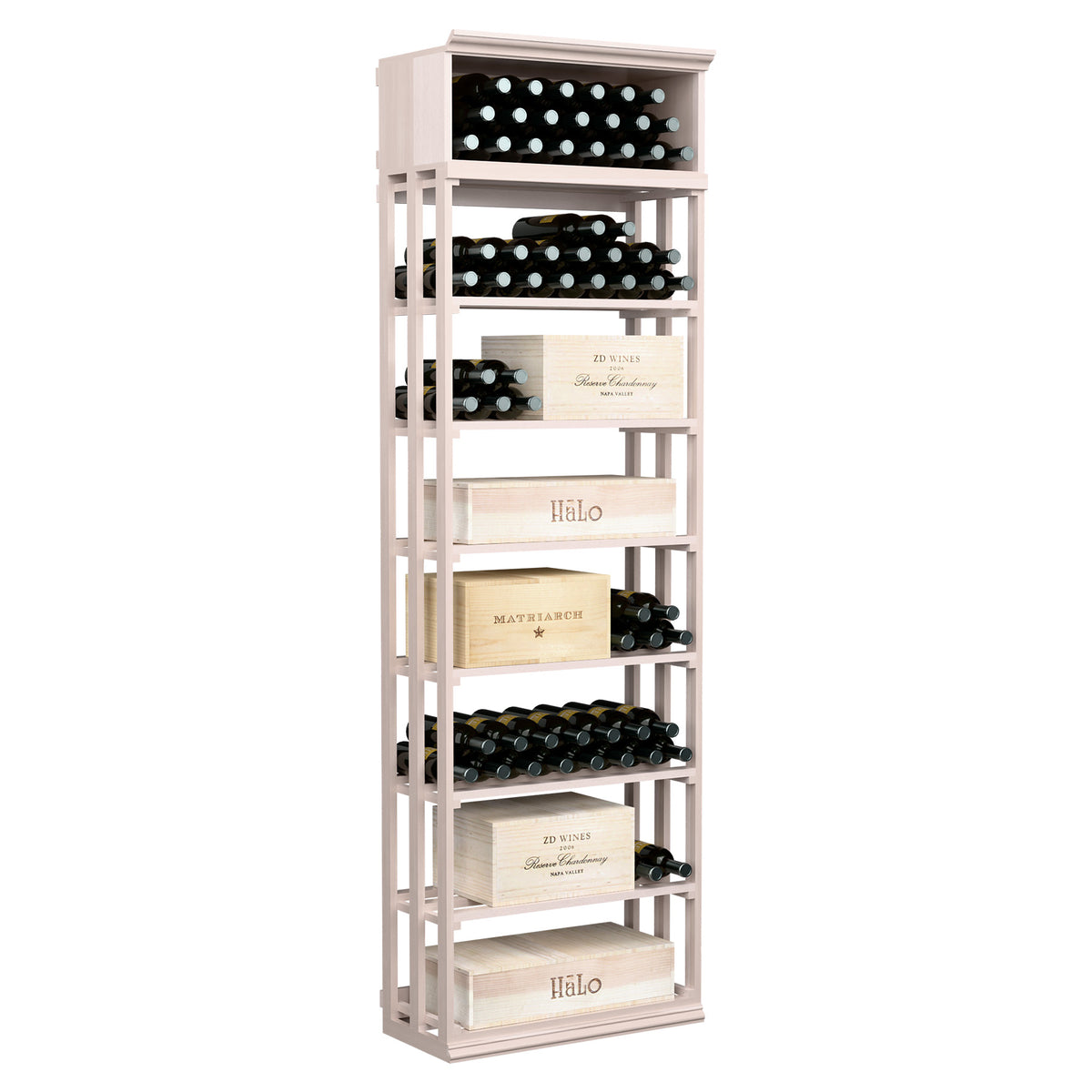 Rectangular wine and case bin, whitewashed wood wine rack with lattice shelves for bottles